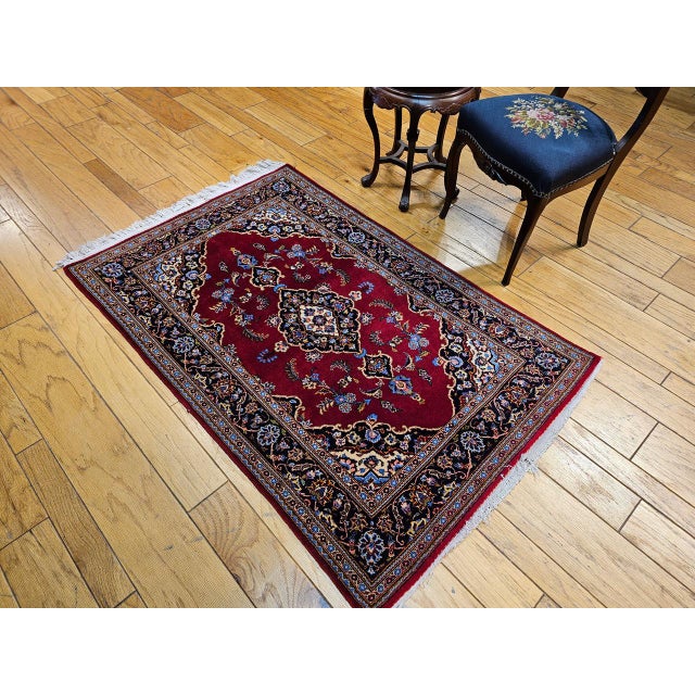 1900 - 1909 Vintage Persian Kashan Rug, Hand-Knotted Wool, Floral Pattern, Red & Navy, 4x6 For Sale - Image 5 of 17
