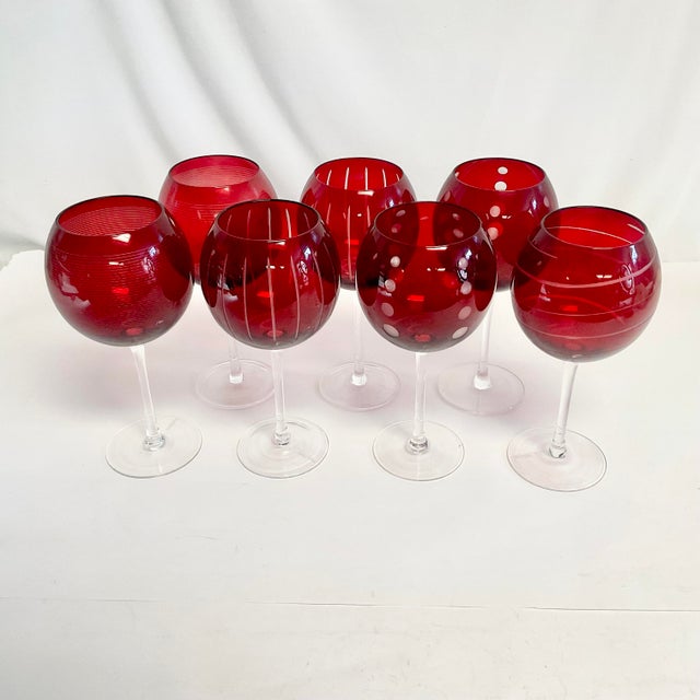 Vintage Art Deco Hollywood Regency Ruby Cheers Balloon Wine Glasses - Set of 7. For Sale - Image 6 of 10