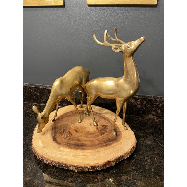 A pair of Mid 20th Century Regency style brass deer, consisting of a Buck and a Doe. Made in Korea.