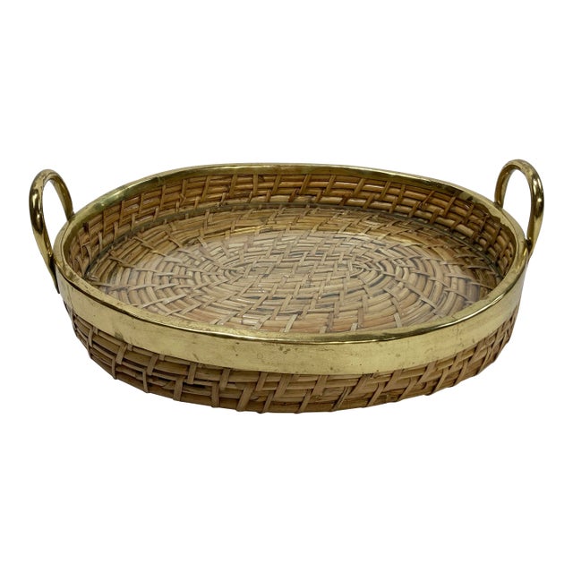 Vintage Gabriella Crespi Style Brass Rim Coiled Rattan Tray For Sale