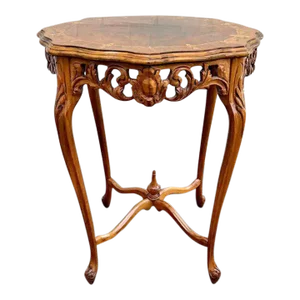 Early 20th Century Antique Art Nouveau Style Marquetry Carved Wooden End or Side Table