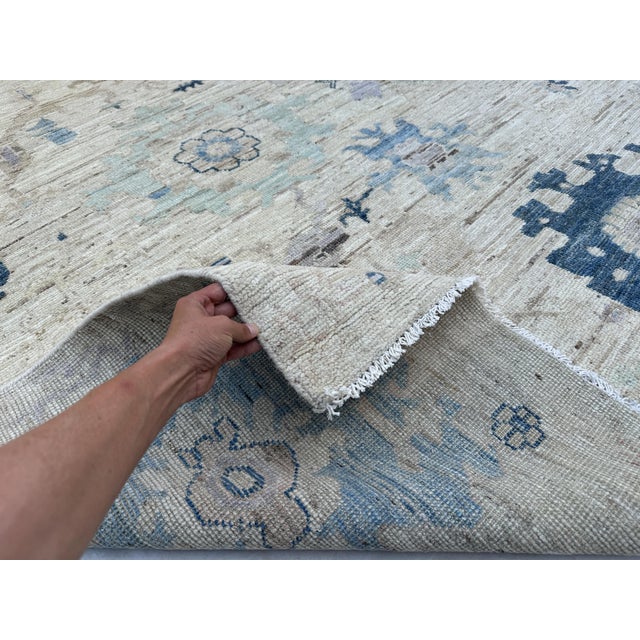 2000 - 2009 Handmade Oushak Style Blue and Ivory Floral Rug For Sale - Image 5 of 6