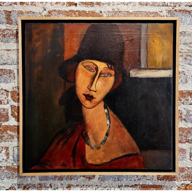 After Modigliani - Portrait of a Girl w/ Hat & Necklace -1930s Oil painting Italian School Mid century modern...