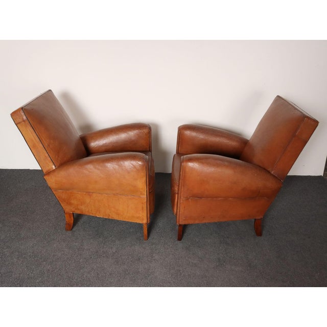 Art Deco Pair of French Art Deco Leather Angled Back Club Chairs With Nailhead Decoration For Sale - Image 3 of 18