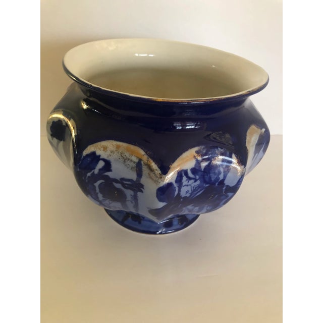 Large Cobalt Flow Blue Iris Jardiniere Planter Cachepot with Gilt Accents Art Nouveau, late 19th Century. Unbranded but...