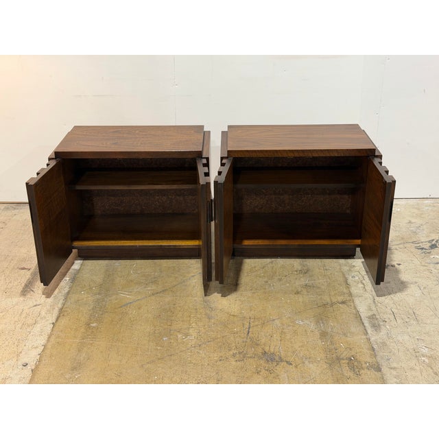 Wood Pair Lane Staccato Brutalist Nightstands - Vintage Mid Century Bedside Tables For Sale - Image 7 of 11