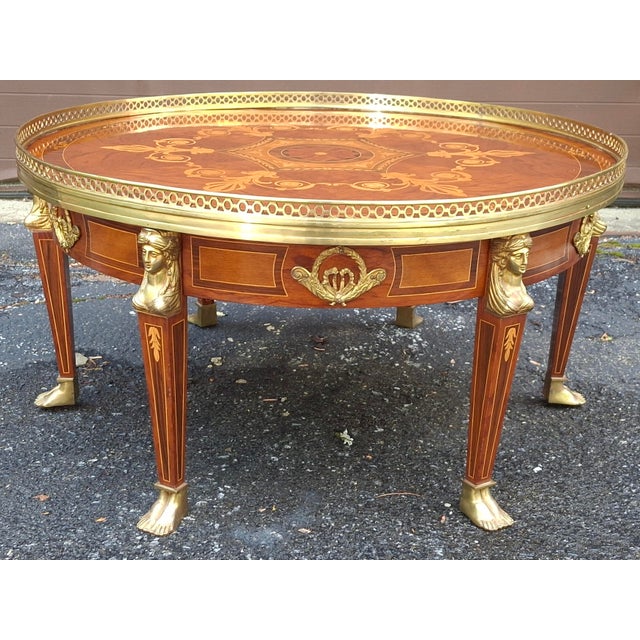Wood Mid 20th Century French Empire Style Mahogany Marquetry and Ormolu Mount Galleried Coffee Table For Sale - Image 7 of 11