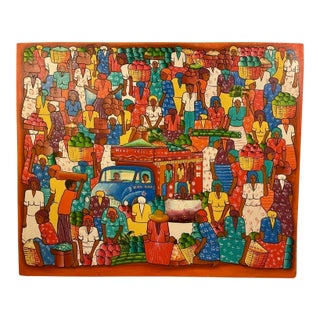 1970s Haitian Folk Art Market Scene Painting, Signed Frantz For Sale