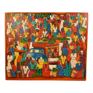 1970s Haitian Folk Art Market Scene Painting, Signed Frantz