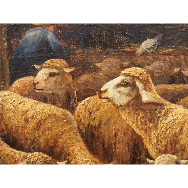 19th Century French Oil on Canvas Painting, “In the Sheepfold”, Signed Lecler For Sale - Image 12 of 13