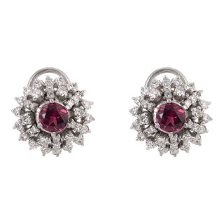 Mid Century 2.00 Carat Pink Tourmaline Diamond 18k White Gold Cluster Earrings, Pair For Sale
