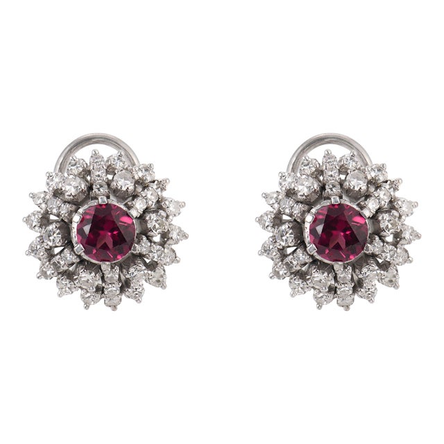 Mid Century 2.00 Carat Pink Tourmaline Diamond 18k White Gold Cluster Earrings, Pair For Sale