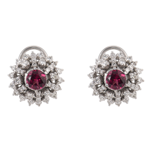 Mid Century 2.00 Carat Pink Tourmaline Diamond 18k White Gold Cluster Earrings, Pair