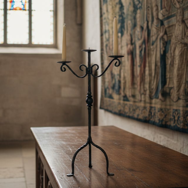 Hand Forged Iron Candelabra 26″ (66cm) Antique Copper Finish Majestic Towering Estate Centerpiece For Sale - Image 4 of 7