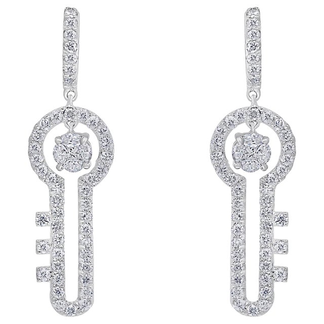 3.2 Ct Diamond Drop Cocktail Key Shape Earrings in 14 Karat White Gold 8 Grams For Sale - Image 15 of 18