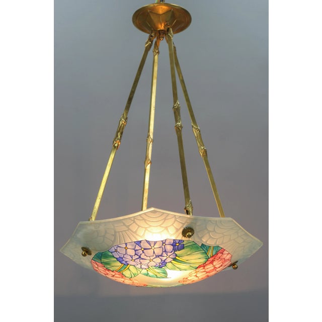 Metal Art Deco Enameled Glass Four-Light Pendant Chandelier from Loys Lucha, 1930s For Sale - Image 7 of 18