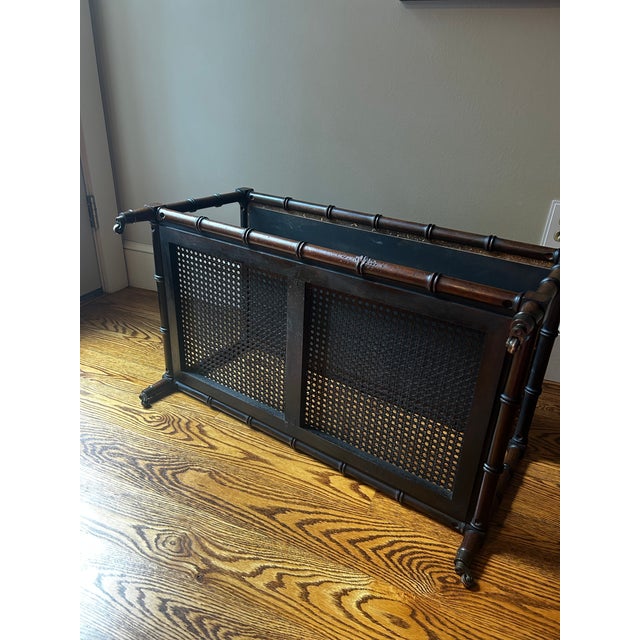 Vintage Mid-Century Faux Bamboo Walnut Coffee Table With Cane Shelf & Casters For Sale - Image 10 of 16
