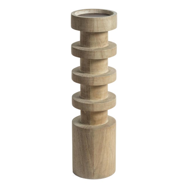 Larache Carved Mango Wood Pillar Candle Holder, Large For Sale