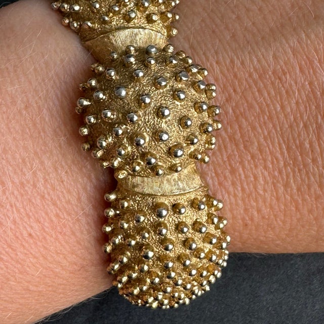 Vintage Monet Hinged Bangle Bracelet Textured Gold Tone Statement For Sale - Image 10 of 12