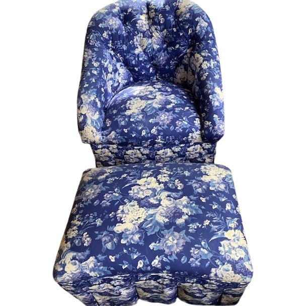 Traditional Custom Curvy Chair and Ottoman in Ralph Lauren For Sale - Image 3 of 12