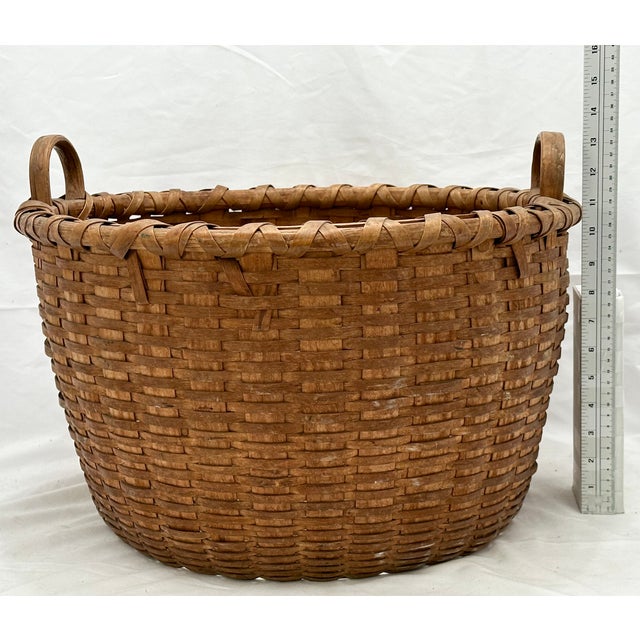Outstanding Large Size Antique American Hand Woven Ash Wood Splint Maine Apple Farm Harvest Basket For Sale - Image 18 of 18