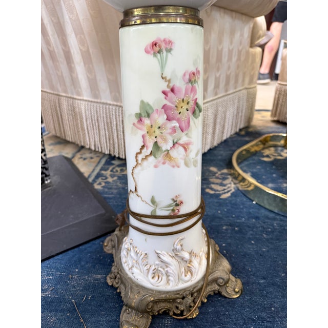 1930s Victorian Hand Painted Floral Roseart Shade Banquet Lamp 35in For Sale - Image 4 of 8