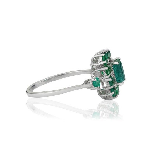Vintage Style Emerald and Diamond Cluster Ring in Silver, Size 8.5 For Sale - Image 11 of 14