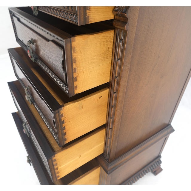 Arts & Crafts Fine Ornate Carved Oak 5 Drawers Bracket Feet Decorative Chest c1900s MINT For Sale - Image 3 of 18