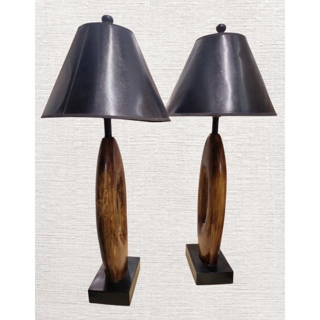 Vintage Extra Tall Organic Wood and Bone Mid Century Modern Open Oval Black Shade Table Lamps - a Pair For Sale - Image 14 of 15