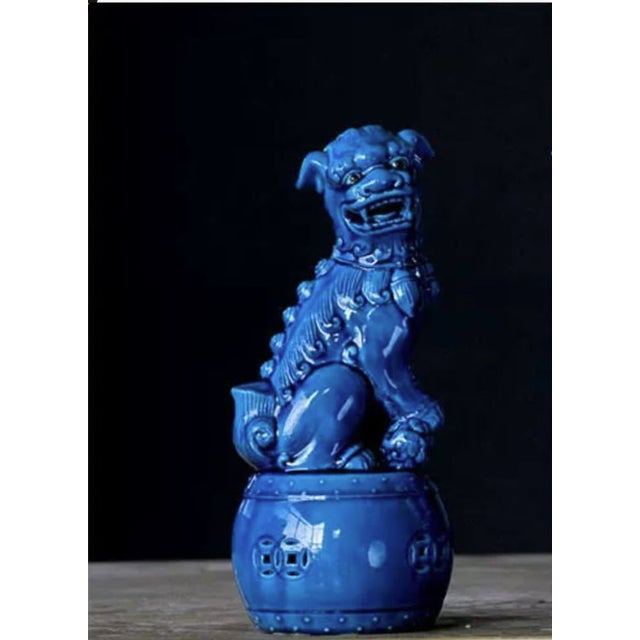 Ceramic Pair of Blue Glazed Porcelain Guardian Lions – 10.6" Foo Dogs on Drum Bases For Sale - Image 7 of 9