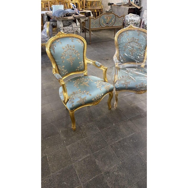 1960s French Louis XV Rococo Armchairs Blue Damask Upholstery Salon Accent Chairs For Sale In Orlando - Image 6 of 6