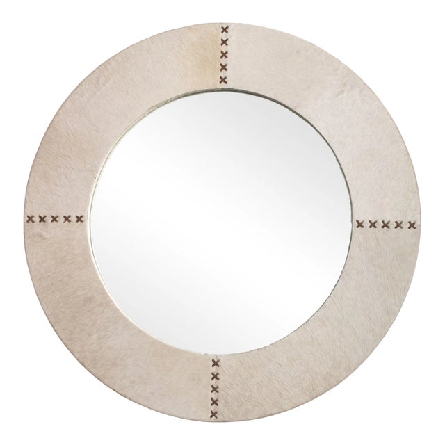 Jamie Young Round Cross Stitch Mirror in White Cow Hide & Leather, Large For Sale