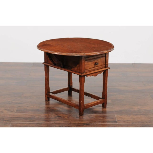 Wood Late 19th Century English Drop-Leaf Yew Wood Side Table with Single Drawer and Side Stretcher For Sale - Image 7 of 11