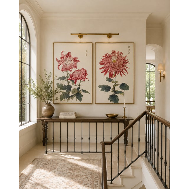 Paper Pink Chrysanthemum Diptych, Vintage Japanese Botanical Art Print (Set of 2), 40" X 60" For Sale - Image 7 of 8