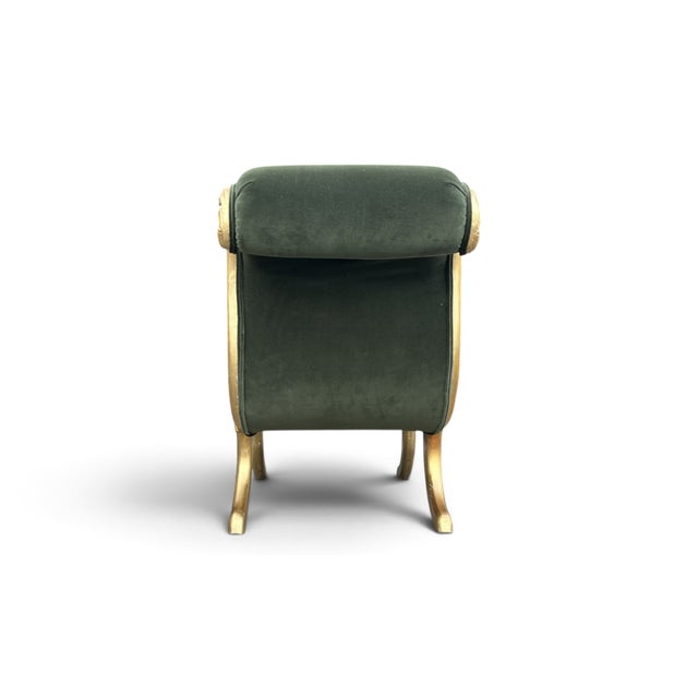 Wood Vintage Hollywood Regency Neoclassical Giltwood Scroll-Arm Bench in Green Velvet For Sale - Image 7 of 12