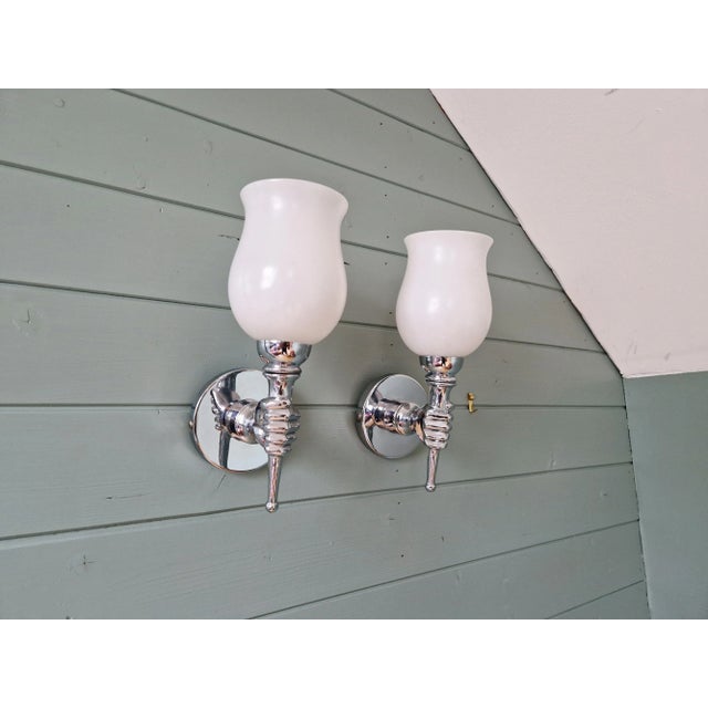 Silver Wall Lights in Chromed Metal and White Satin Glass, 1960, Set of 2 For Sale - Image 8 of 10