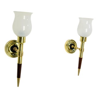 Brass and Iroko Wall Sconces with Opaline Lampshades from Maison Lancel, 1960, Set of 2 For Sale