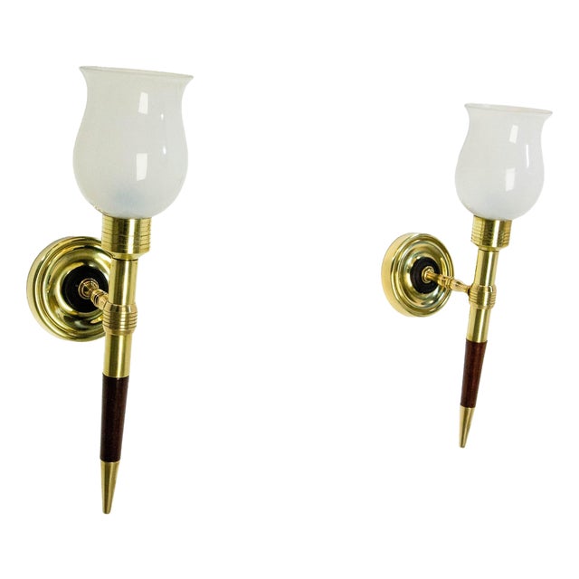 Brass and Iroko Wall Sconces with Opaline Lampshades from Maison Lancel, 1960, Set of 2 For Sale