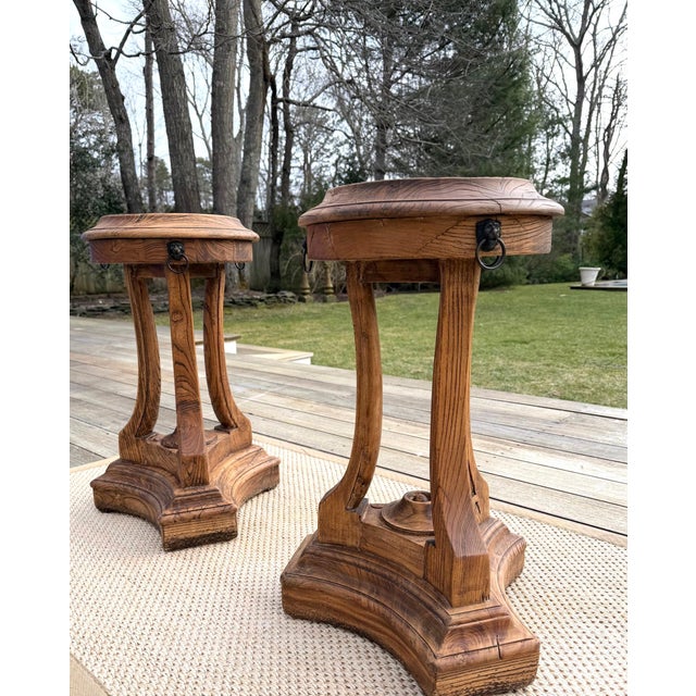 Rustic A Pair of Restoration Hardware Sculptural Pedestal Side Tables, Drinks Tables With Glass Tops For Sale - Image 3 of 18