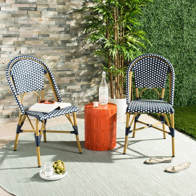 Metal Indoor-Outdoor French Bistro Stacking Side Chair in Navy & White & Light Brown - a Pair For Sale - Image 7 of 8