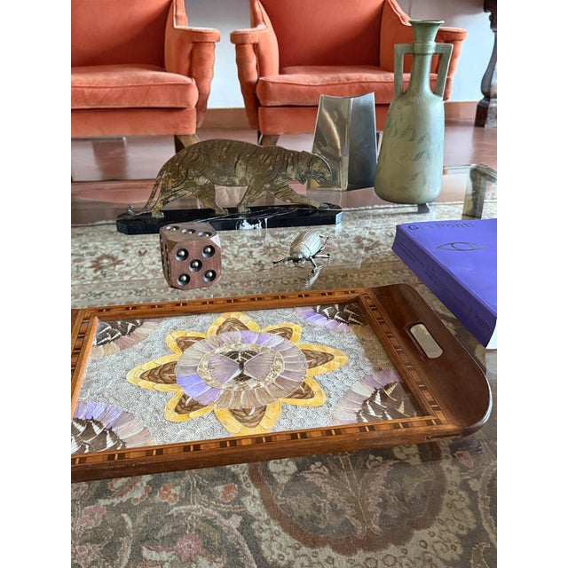Mid-century inlaid wood and butterfly wing tray Brazilian manufactory, 1950s Blue Morpho & Caligo butterfly wings 48 x 30...