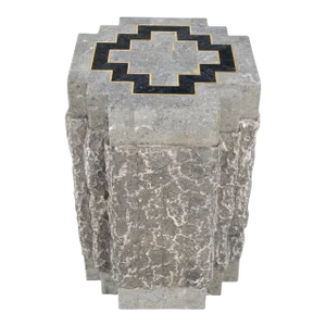 Tessellated Stone Brass Inlay Square Pedestal Stand End Table Black & Grey