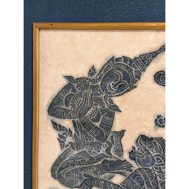 Teal Framed Pair of Thai Blue Temple Rubbings on Rice Paper With Blue Matting For Sale - Image 8 of 11