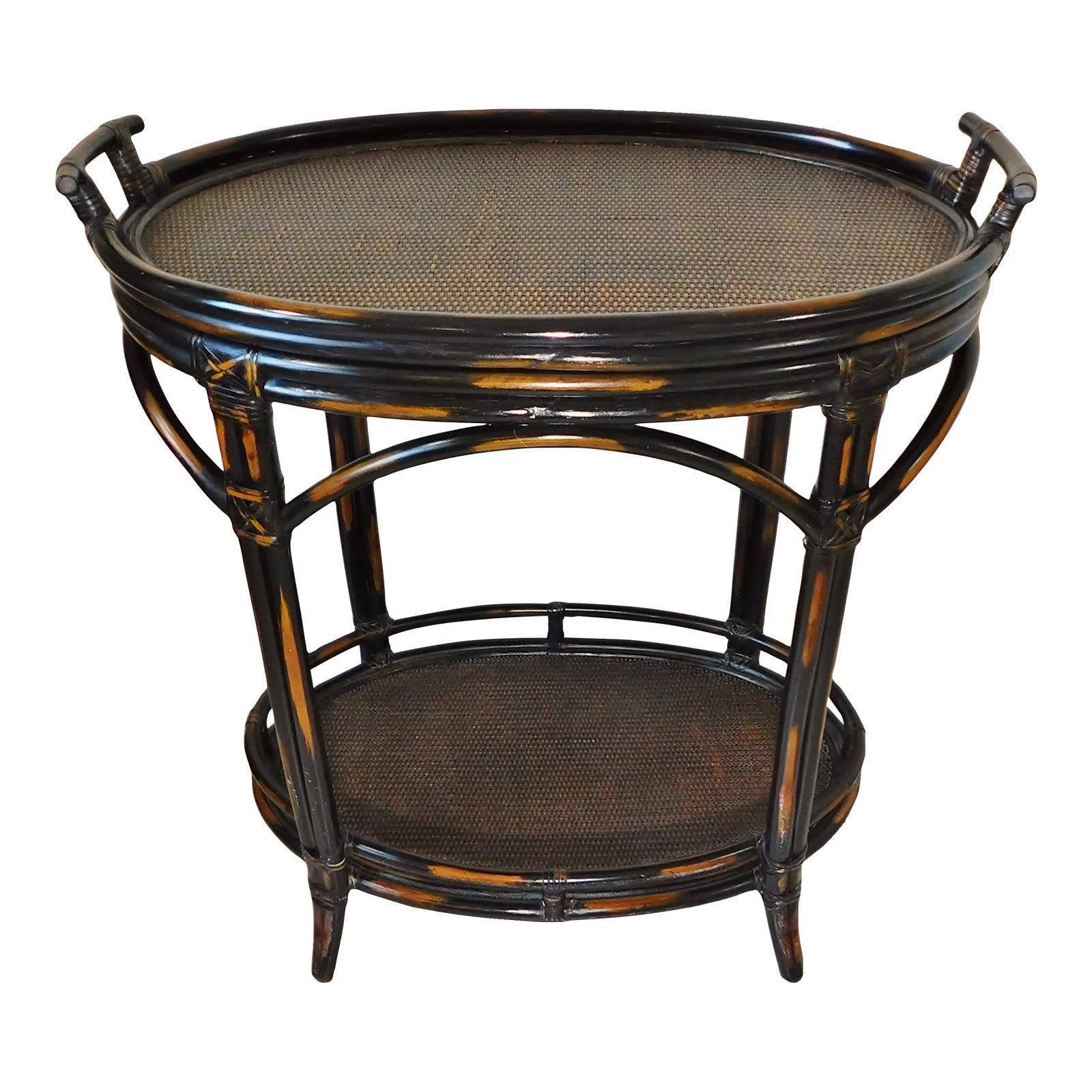 Ornate Natural Bamboo Rattan Brown Wicker Oval Tray Table Two Tier ...