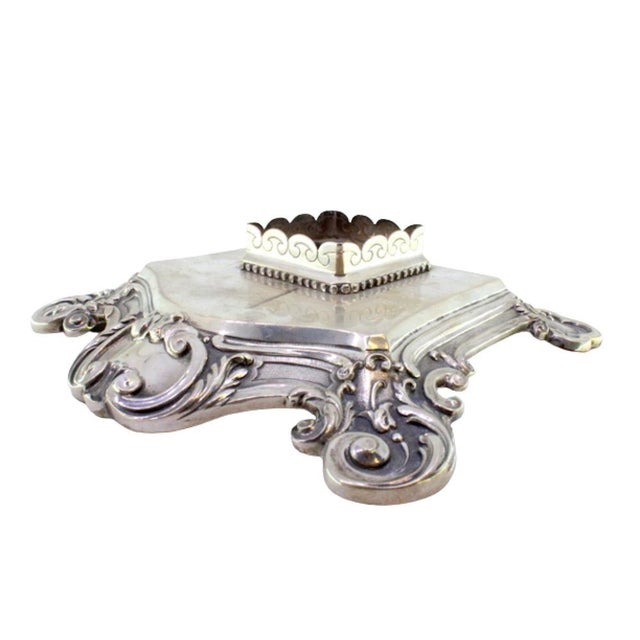 Silver Embossed and Engraved Silver Inkwell with Shells, Pearly Frieze and Monogram Card For Sale - Image 8 of 8