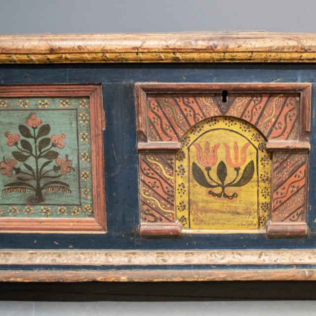 Blue Antique E. European Painted Pine Blanket Chest For Sale - Image 8 of 12