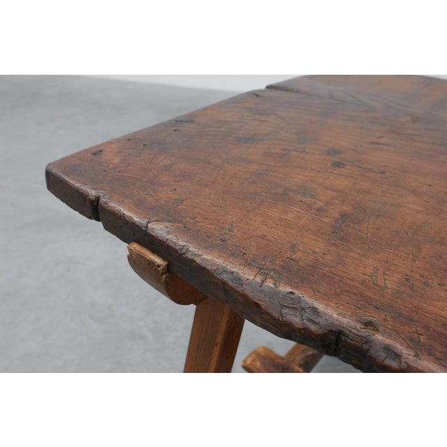 Wood Spanish Rustic Trestle Table with Drawer and X-Stretchers, 1800s For Sale - Image 7 of 13