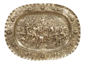 Antique German Silver Repoussé Battle Scene Tray, Circa 1850