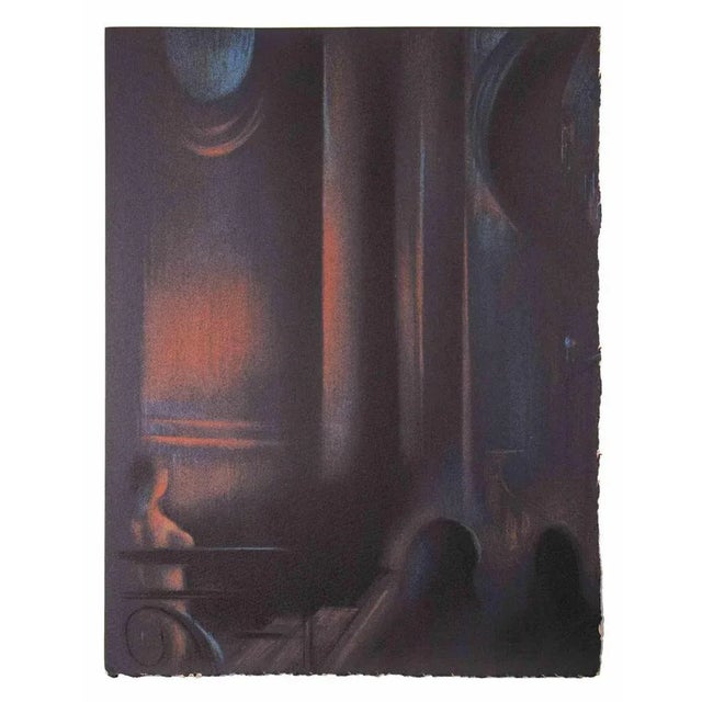 Interior with night vision is an original mixed media drawing, realized by Bernadette Kelly in about 1980 s. Not signed...