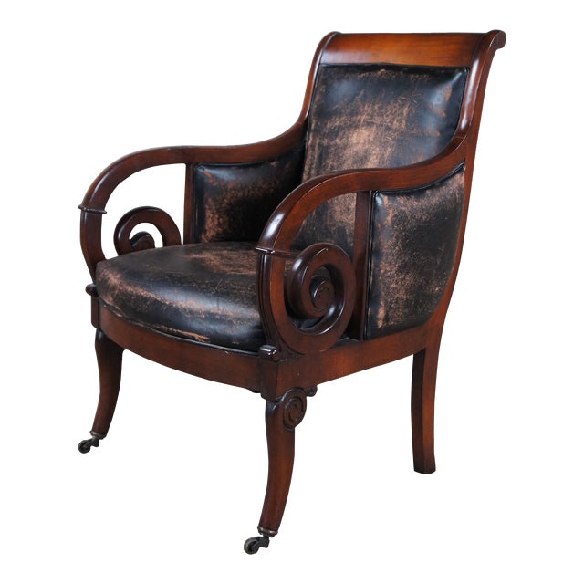 Late 20th Century Henredon Mahogany Distressed Leather French Empire Regency Club Lounge Armchair For Sale
